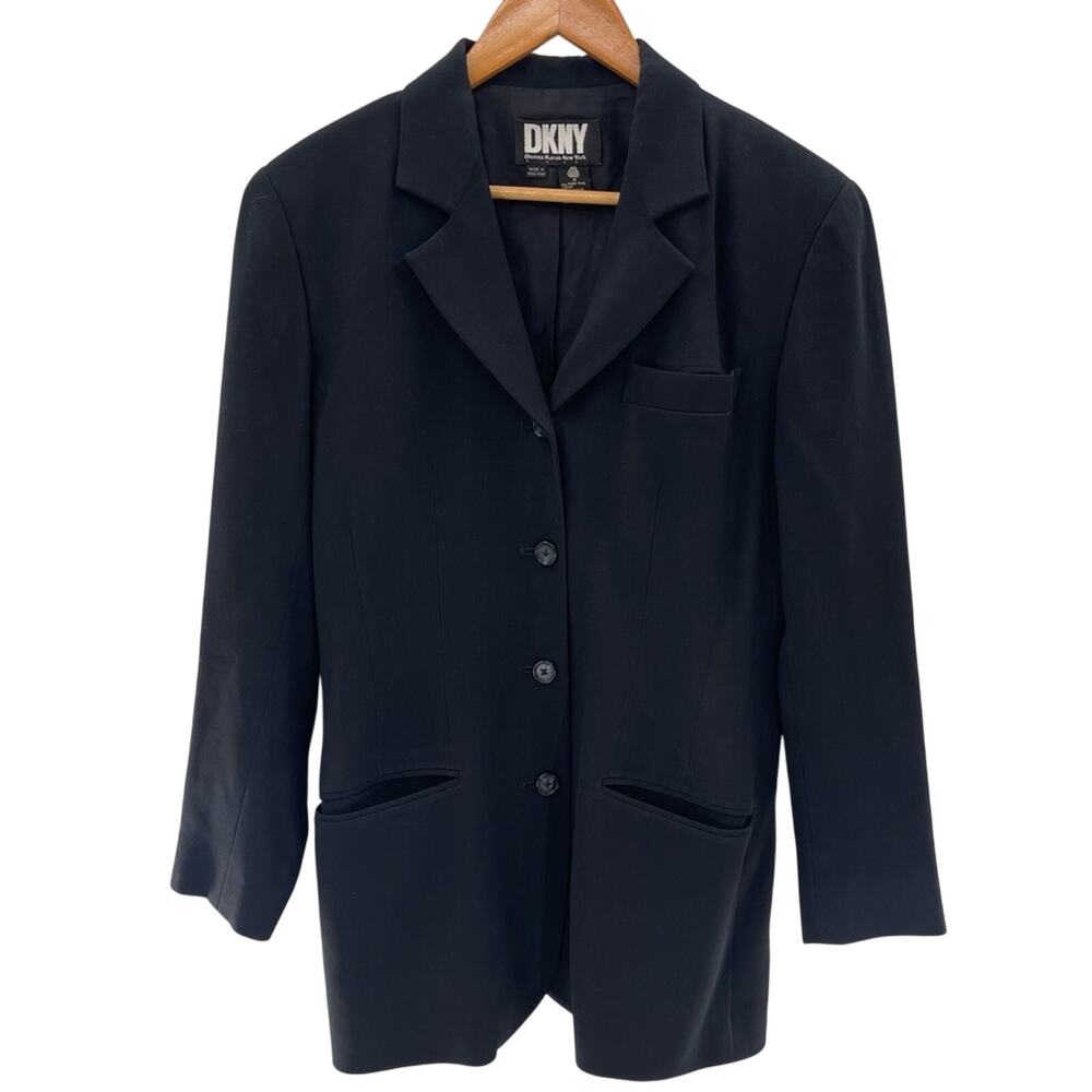 DKNY Vintage Wool Longline Blazer Jacket Black 4 Button Size 4